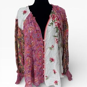 Free People Gemini Blouse Vintage Combo pink white floral paisley size Large